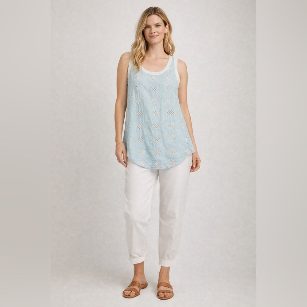 Johnny Was XS‎ 100% Linen Blue Eyelet Tunic Tank Top Boho Lagenlook Art To Wear